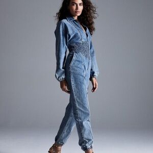 Steve Madden Women's Denim Smock-Waist Jumpsuit, Light Blue Size XS